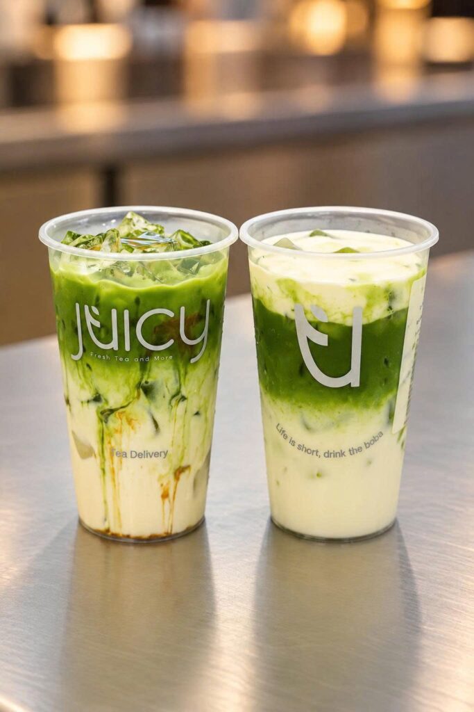 Hai ly matcha latte tại Juicy Signature Thái Nguyên
